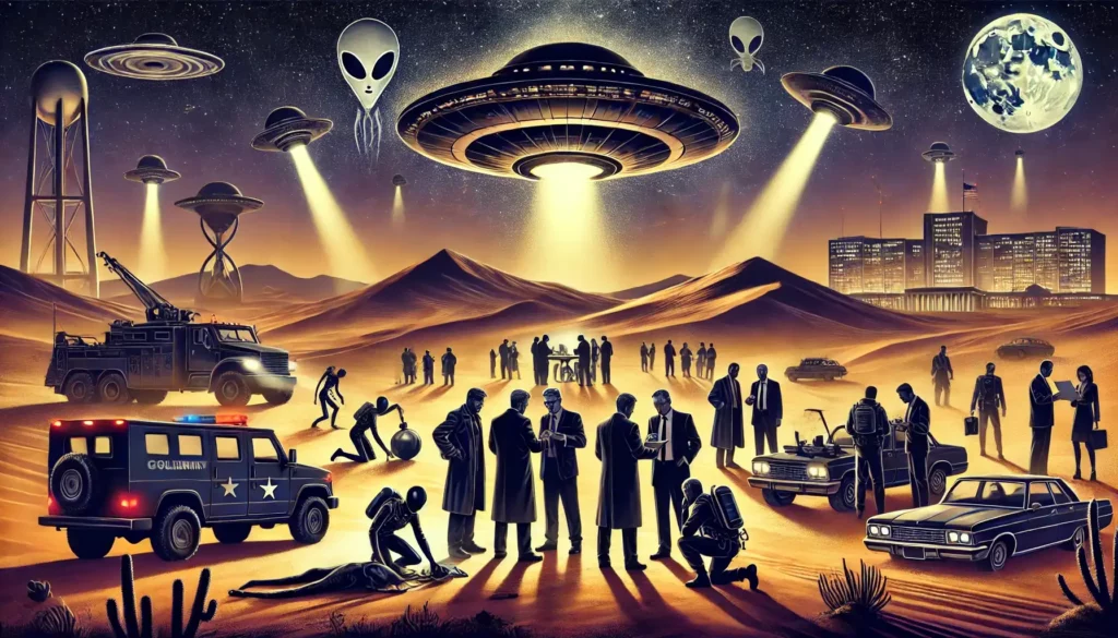 DALL·E 2024 06 24 13.28.14 An illustration depicting a secret government operation involving high level officials and alien interactions. Show a dramatic nighttime desert scene