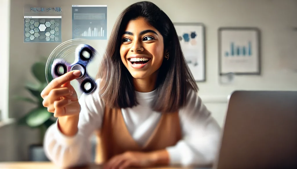 DALL·E 2024 11 07 17.53.50 A young Hispanic woman with light brown skin and dark hair playing with a fidget spinner at her desk. She has a joyful expression as the spinner spin