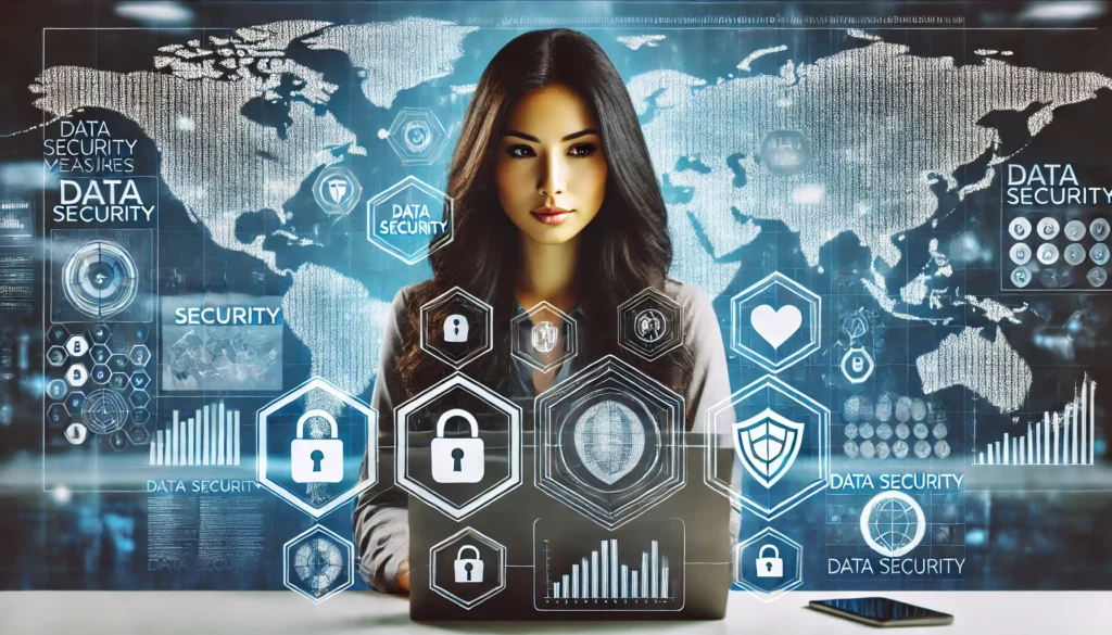 DALL·E 2024 10 28 17.13.43 A digitally styled horizontal image of a light skinned mestiza woman with black hair analyzing data security measures on a large screen filled with