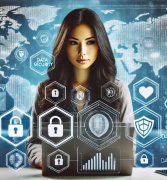 DALL·E 2024 10 28 17.13.43 A digitally styled horizontal image of a light skinned mestiza woman with black hair analyzing data security measures on a large screen filled with