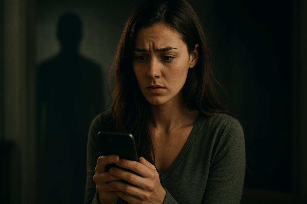 Worried woman fearing Unclothy AI image misuse on her phone